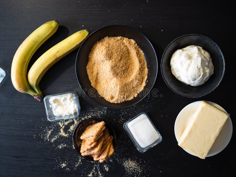 Cooking Banoffi cake at home in the kitchen, pastry recipe.