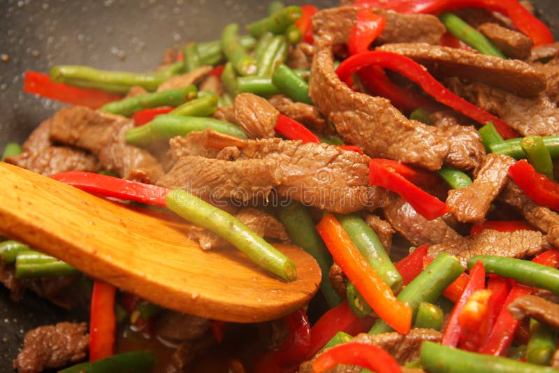 Cooking Delicious Beef, Bean, Capsicum Stir-fry Stock Image - Image of