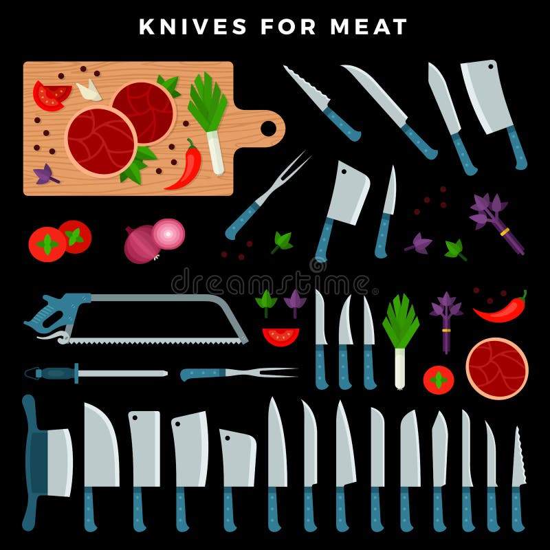 Cutting knives set. Poster Butcher diagram Stock Vector by