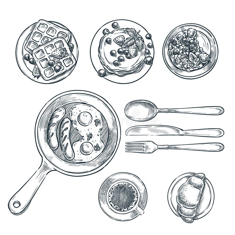 Cooking breakfast, top view sketch illustration. Set of isolated hand drawn morning meal. Restaurant or cafe brunch menu design elements.