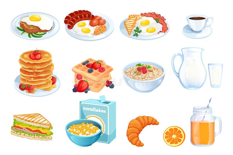 Cooking breakfast, vector cartoon illustration. Set of isolated morning meal dishes. Restaurant or cafe brunch menu design elements