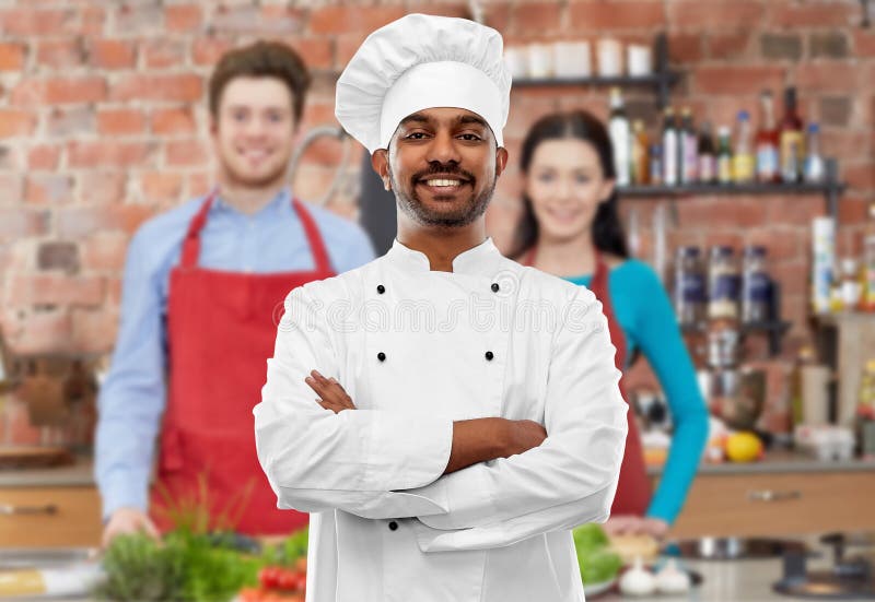 Happy Male Indian Chef In Toque At Cooking Class Stock Image Image Of Culinary Mentor 146836323 