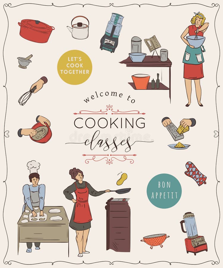 Cooking Classes.Design Template with People Preparing Meals and Kitchen Utensils and Appliances