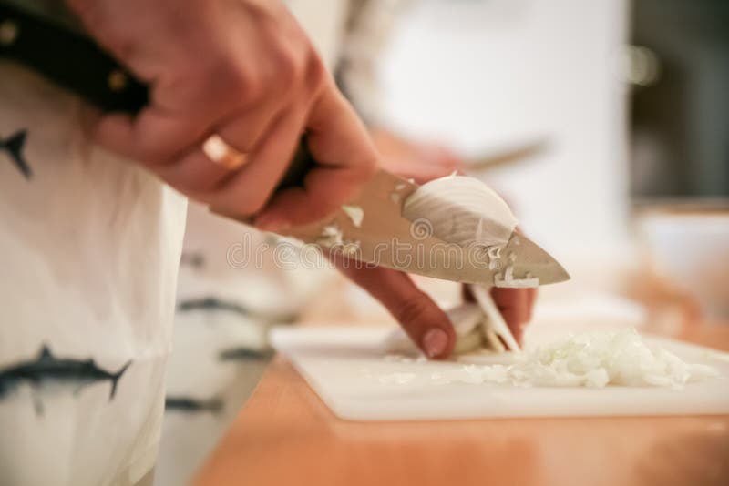 Cooking Classes Instructor Teaches How Cutting Onion Stock Image