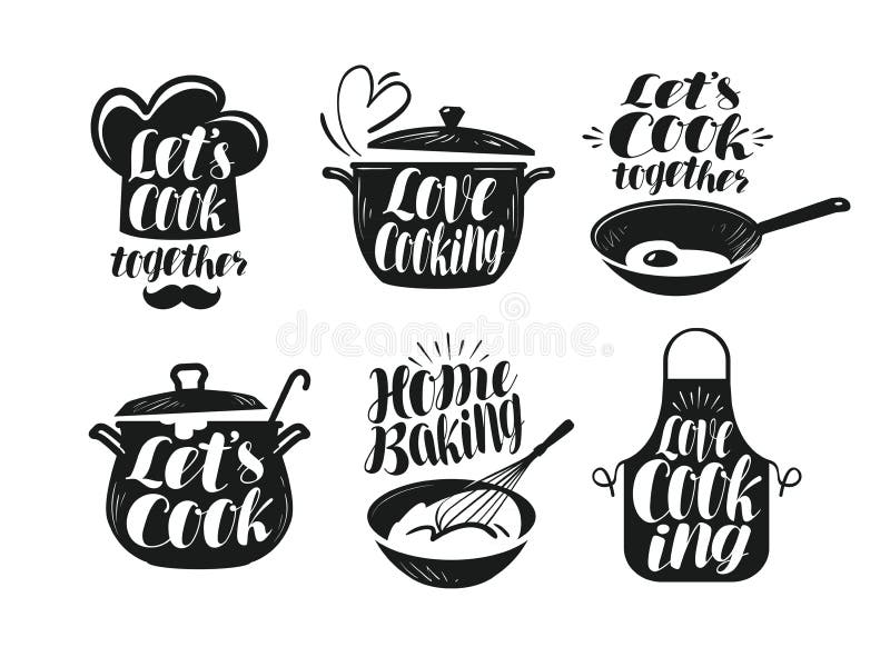 Cooking, cookery, cuisine label set. Cook, chef, kitchen utensils icon or logo. Handwritten lettering, calligraphy royalty free illustration Cooking, cookery, cuisine label set. Cook, chef, kitchen utensils icon or logo. Handwritten lettering, calligraphy royalty free illustration