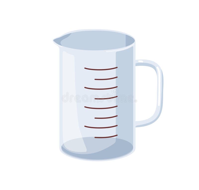 Cooking cup, measuring glass. Plastic jug, kitchen container for liquid volume measurement. Empty beaker, kitchenware