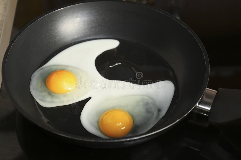 Cooking Eggs for Breakfast in Frying Pan on Cooktop, Closeup Stock