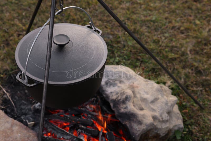 Cooking Food on Campfire Outdoors. Camping Season Stock Image Image