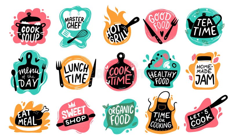 Cooking food lettering. Kitchen badge logos, baking foods typography and cook labels vector set stock illustration Cooking food lettering. Kitchen badge logos, baking foods typography and cook labels vector set stock illustration