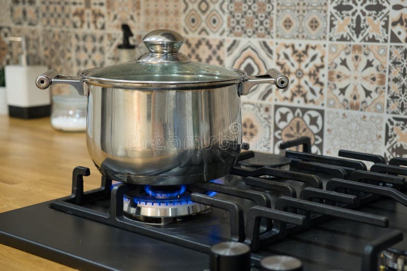 Cooking on a Gas Stove. the Pot on Gas Burner Stock Image Image of