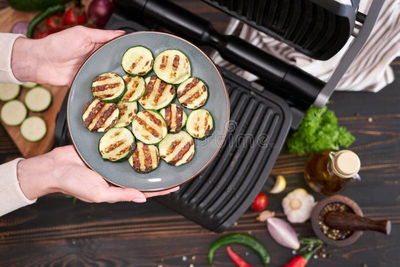 Cooking at Home on Electric Grill Zucchini and Eggplant Stock Image