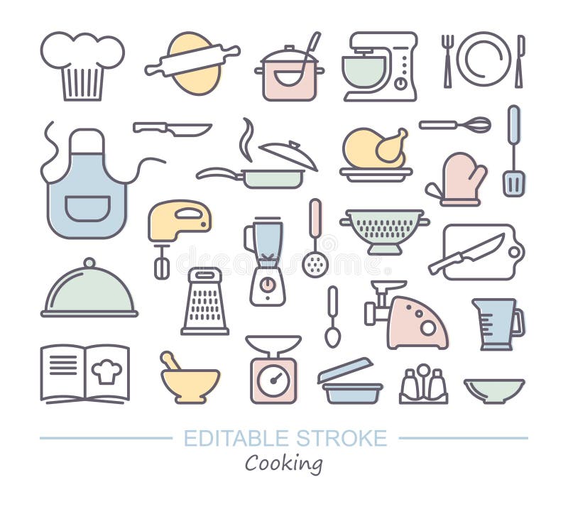 Cooking Icon Set. Linear Icons with Editable Stroke Stock Vector