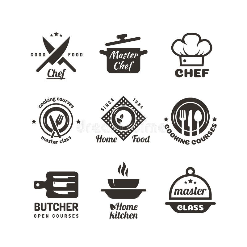 Cooking master classes labels. Restaurant or cafe menu emblems. Chef vector logo isolated on white background stock illustration Cooking master classes labels. Restaurant or cafe menu emblems. Chef vector logo isolated on white background stock illustration