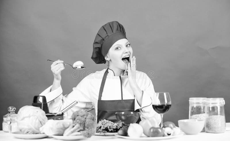 Cooking Meal. Delicious Recipe Concept. Girl at Kitchen Table. Cooking ...