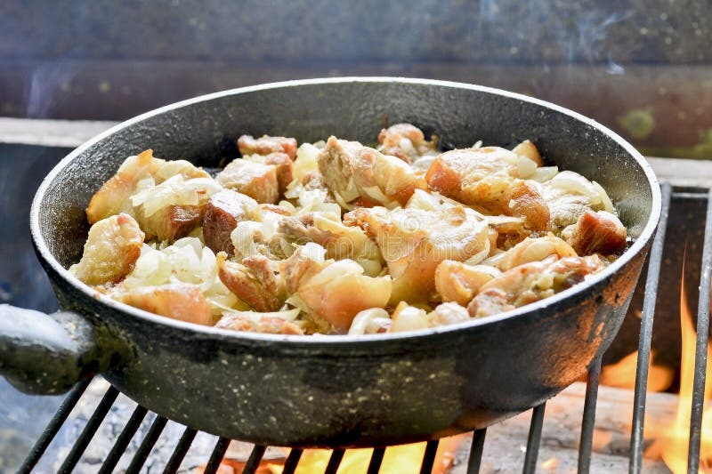 Cooking Meat in a Pan with Onions on the Grill. Fried Pork Stock Image