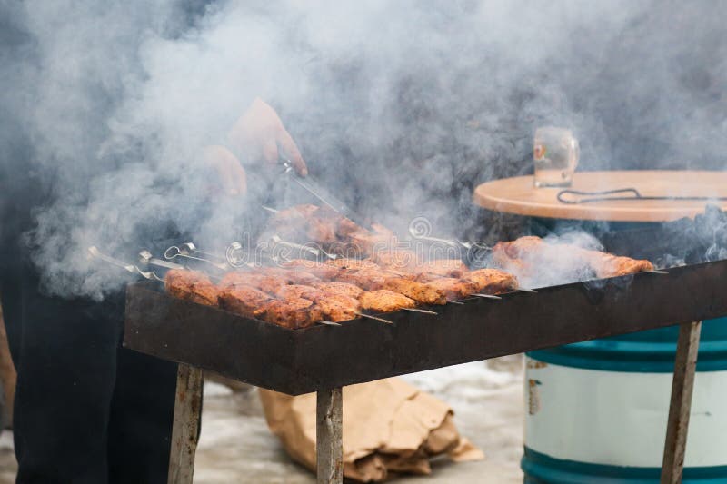 Cooking Meat Skewers on Skewers on the Grill Stock Photo Image of