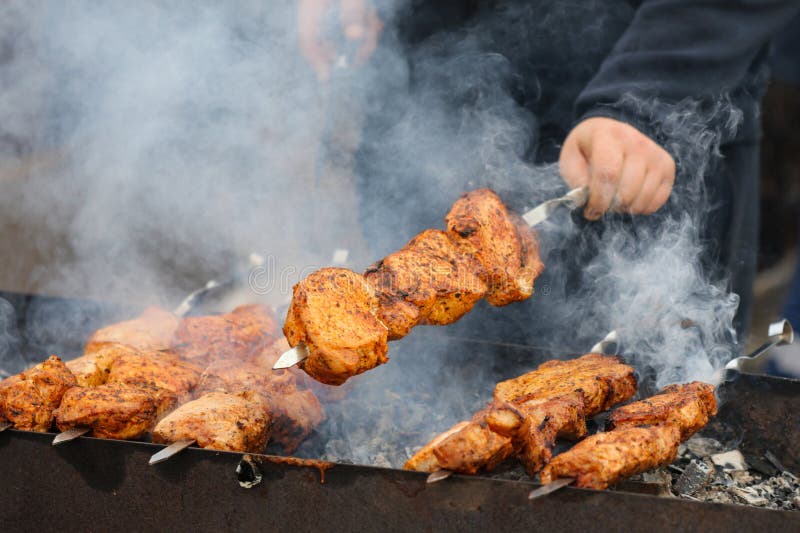 Cooking Meat Skewers on Skewers on the Grill Stock Image Image of