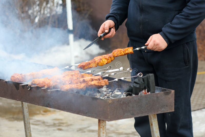Cooking Meat Skewers on Skewers on the Grill Stock Photo Image of