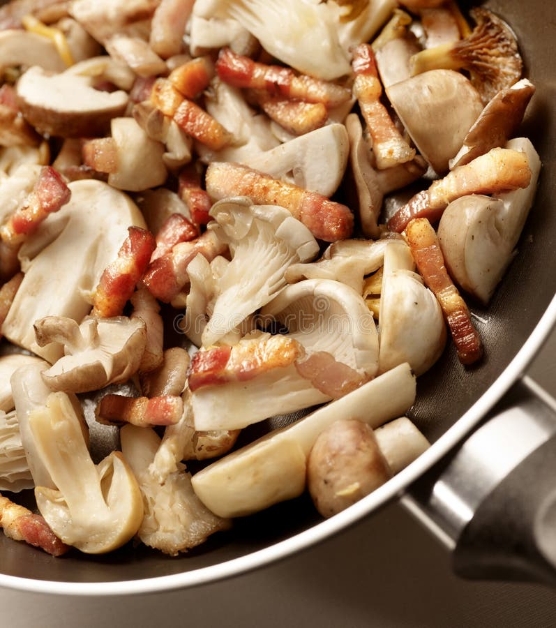 Cooking Mushrooms and Bacon in a Frying Pan Stock Photo Image of