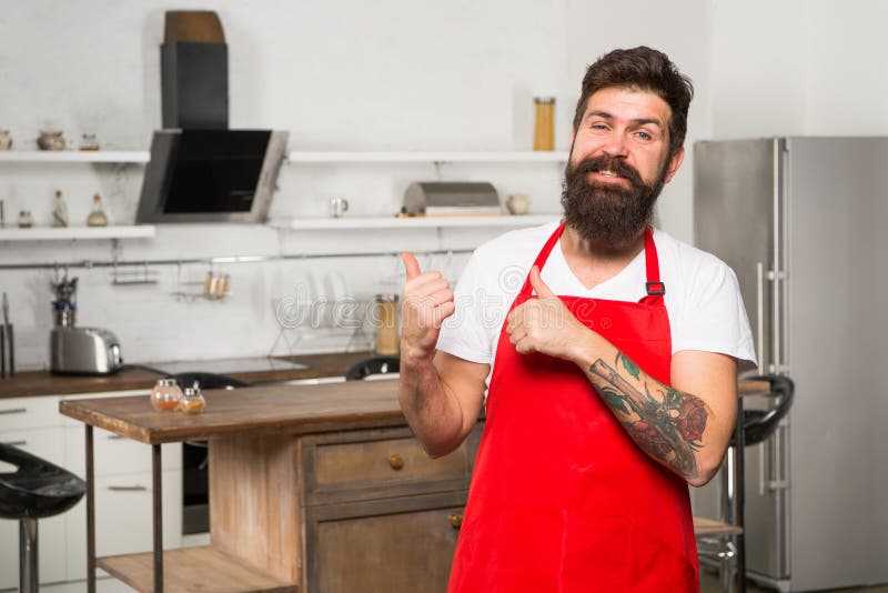 Cooking Is My Life Bearded Man In Red Apron Restaurant Or Cafe Cook Hipster In Kitchen 