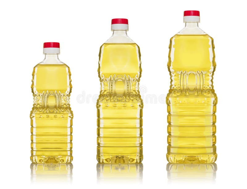 Three Cooking Oil Bottles Isolated on Seamless White Background
