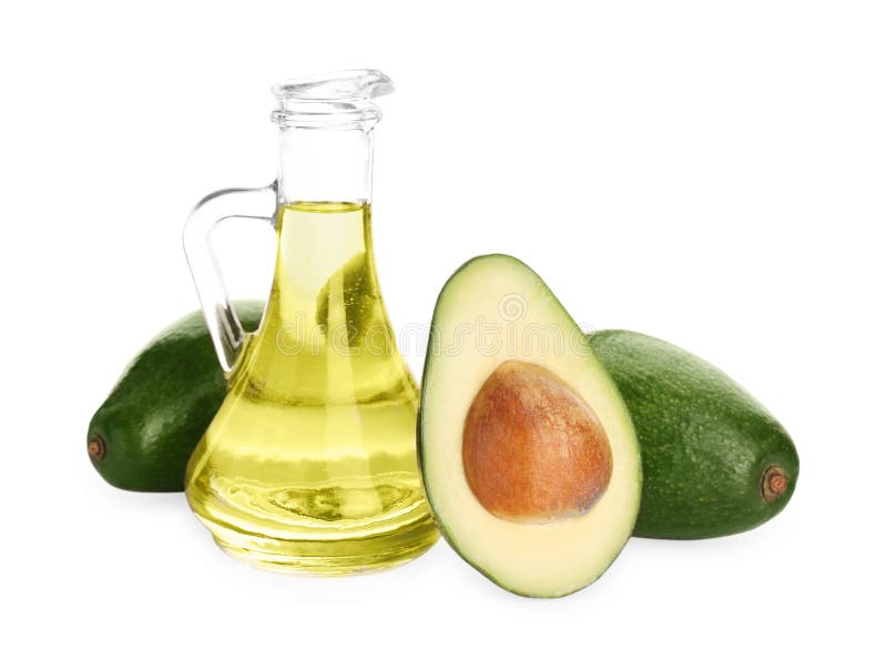 Cooking Oil and Fresh Avocados Isolated on White Stock Image Image of
