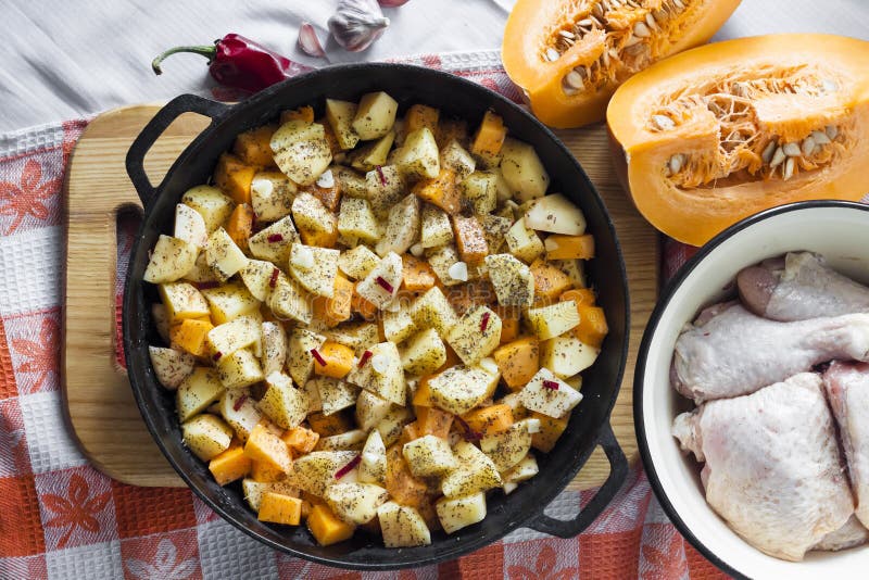 Cooking One-pot Meal - Chicken Thighs and Legs with Potatoes and Stock