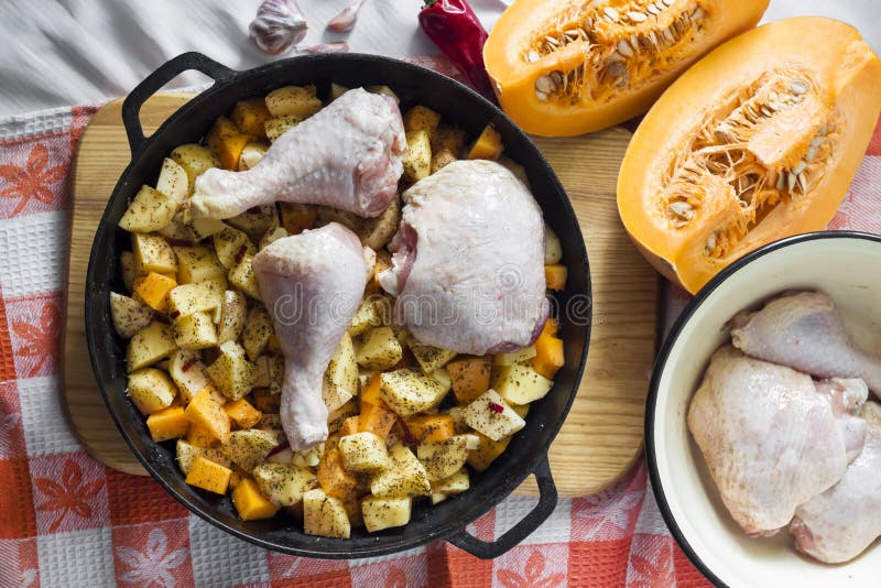 Cooking One-pot Meal - Chicken Thighs and Legs with Potatoes and Stock