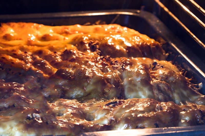 Cooking in the Oven Meat with Potatoes Under Mayonnaise Stock Photo