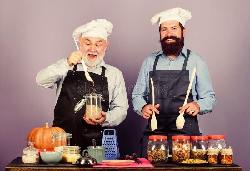 Cooking With Passion Healthy Food Cooking Mature Senior Bearded Men In Kitchen Halloween 
