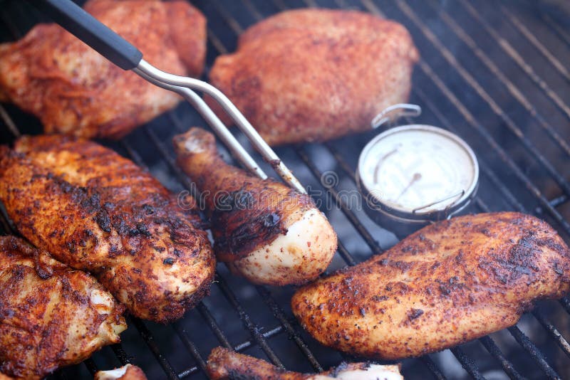 Cooking Pieces of Chicken on Barbecue Grill Stock Image Image of food