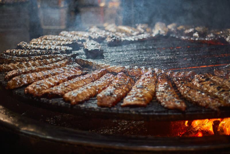 Cooking Pork Ribs on a Big BBQ Stock Image Image of american