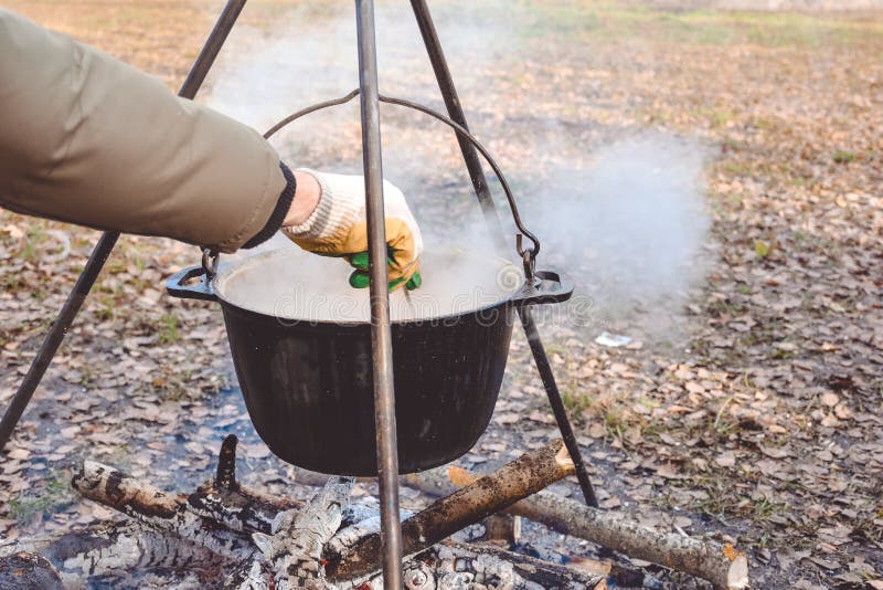 Cooking in Pot on Campfire, Camp Cooking, Pot with Hot Food Stock Photo Image of cook, leisure