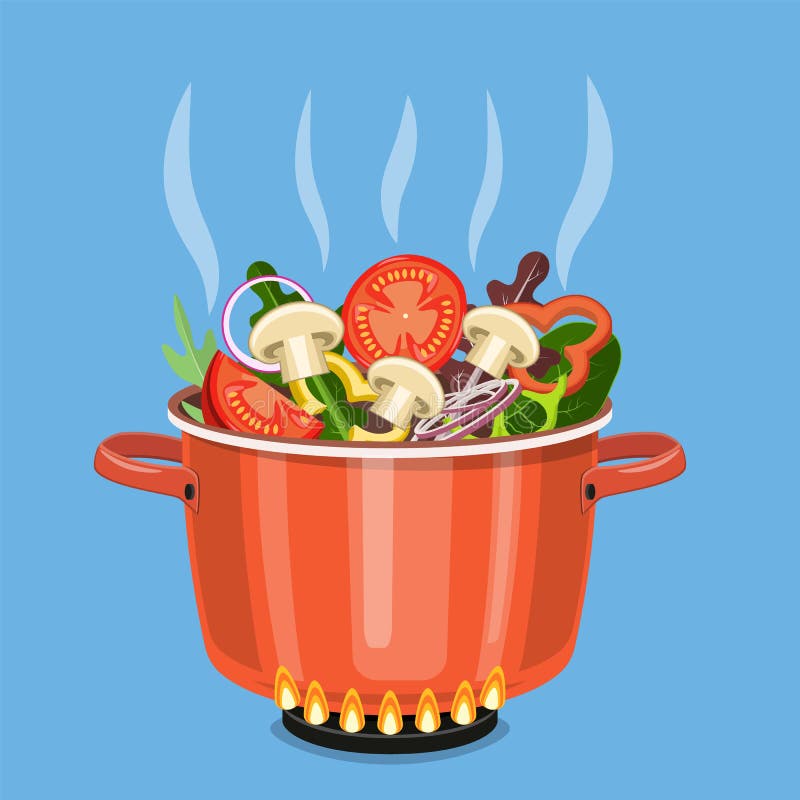 Cooking pot on stove with vegetables,. Mushrooms and steam. Boiling water in pan. Saucepan with tomatoes, peppers, onions, parsley. Vector illustration in flat stock illustration