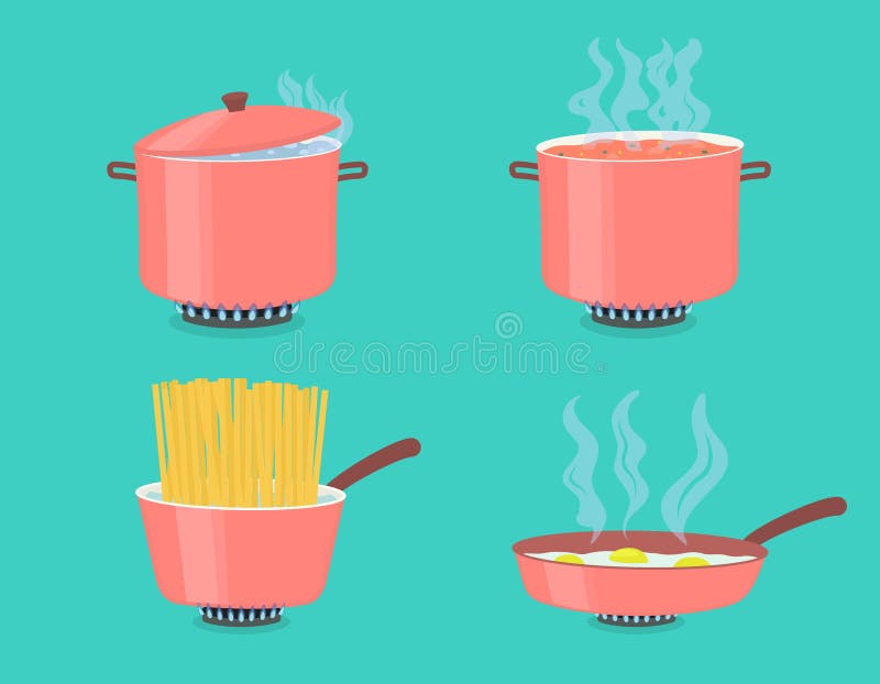 Cooking Pots and Pan on Gas Stove Stock Vector - Illustration of ...