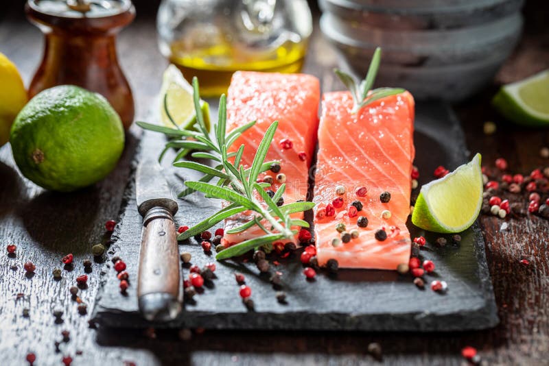 Before Cooking Raw Salmon with Rosemary and Salt Stock Image Image of