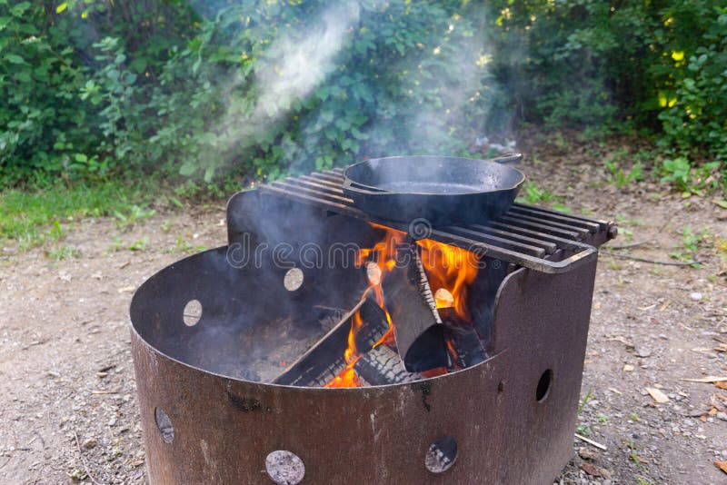 Cooking Rustic Camping Cast Iron Skillet Stock Image Image of