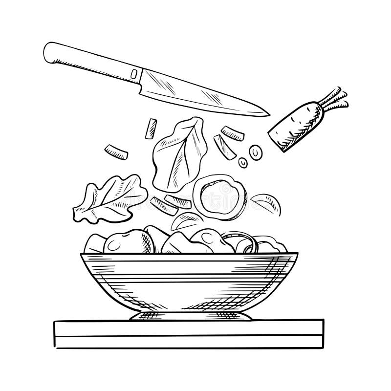 Cooking salad with fresh vegetables sketch