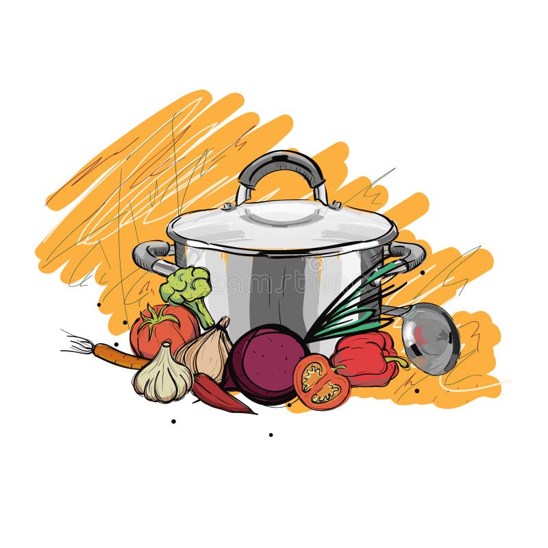 Cooking Sketch. Kitchen Pan and Raw Vegetables. Tomato, Eggplant and ...