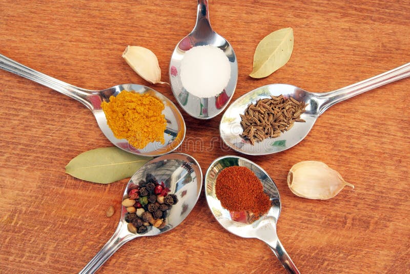 Cooking Spices. Food Seasoning. Spices in a Teaspoons. Stock Photo