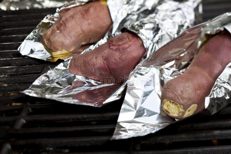 Cooking Sweet Potatoes on a Grill. Stock Image Image of cooking