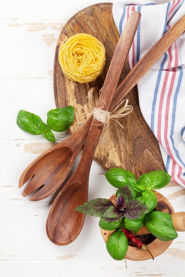 Cooking Table with Utensils and Ingredients Stock Image  Image of