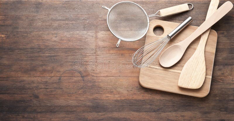 Cooking Utensils Wood Background stock images