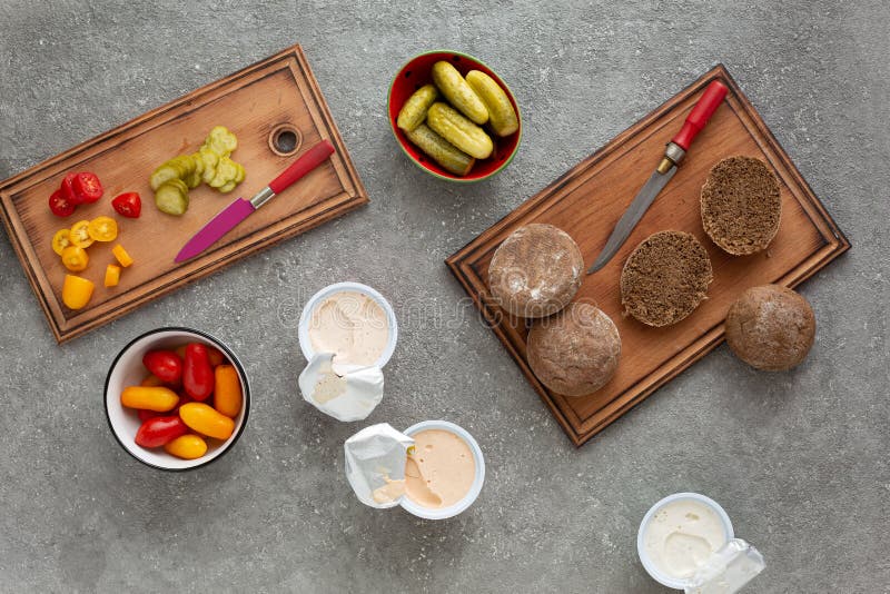 Cooking Vegetarian Spread Sandwiches with Vegetables, Top View Stock