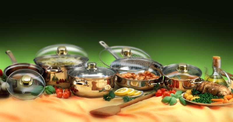 Cookware set. Complete with various food on the table stock photography