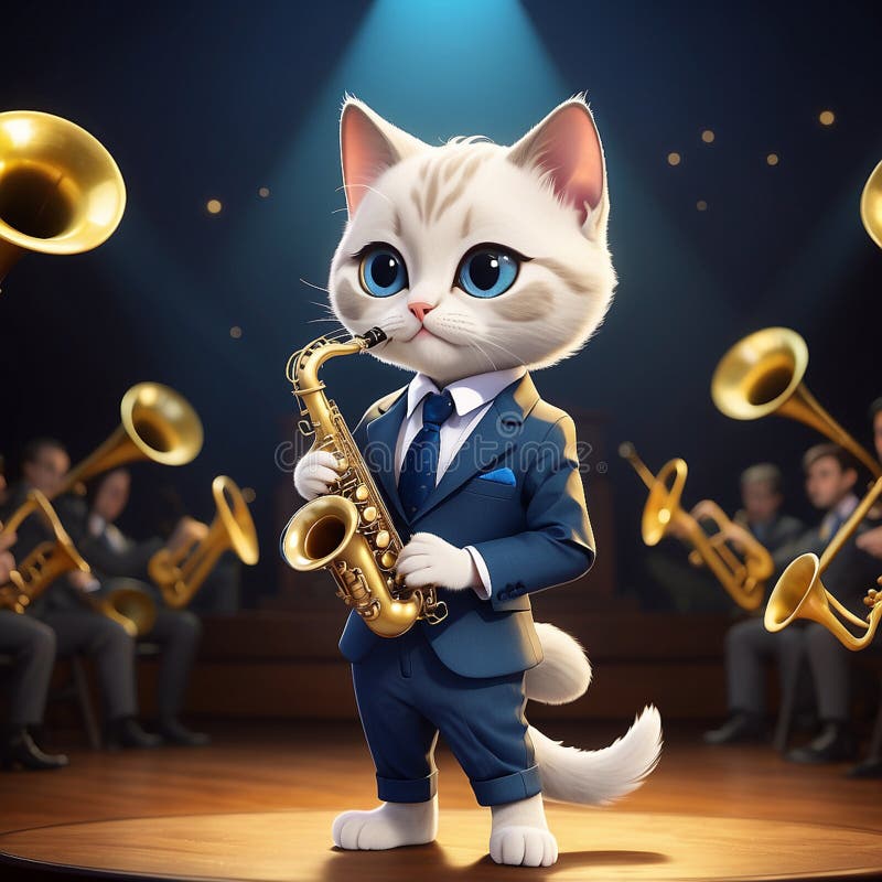 A cool anthropomorphic kitten playing saxophone. stock illustration.