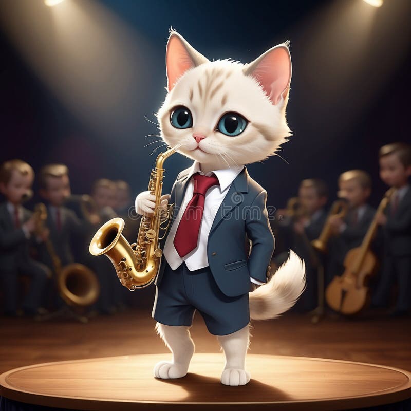 A cool anthropomorphic kitten playing saxophone. royalty free illustration.