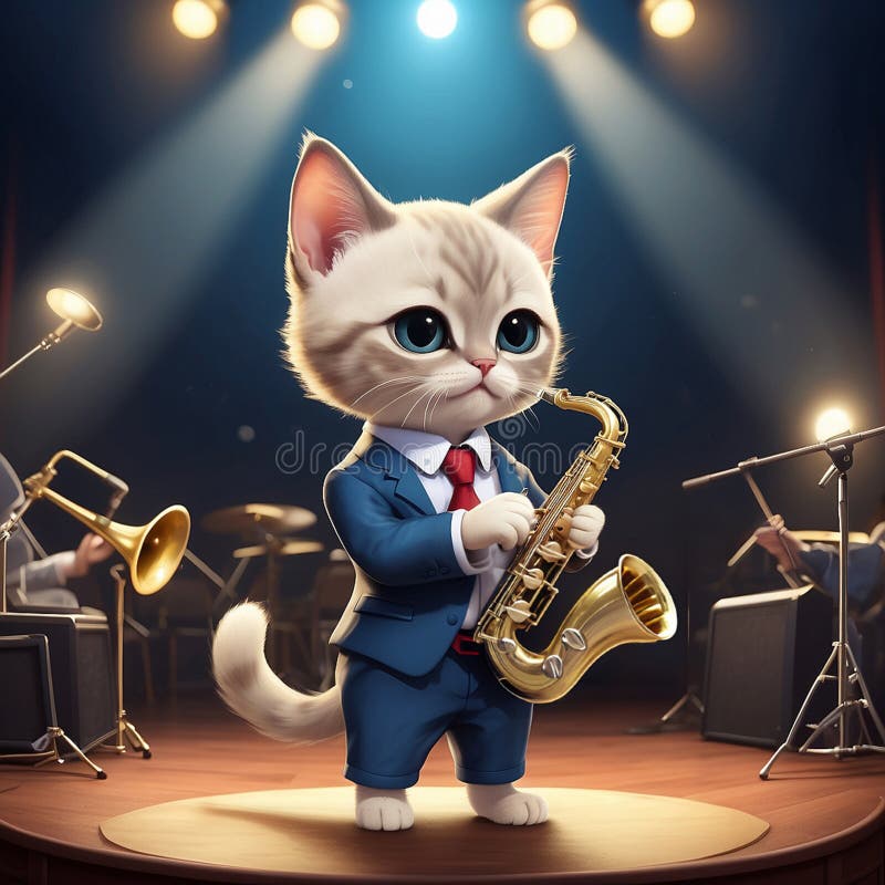 A cool anthropomorphic kitten playing saxophone. stock illustration.