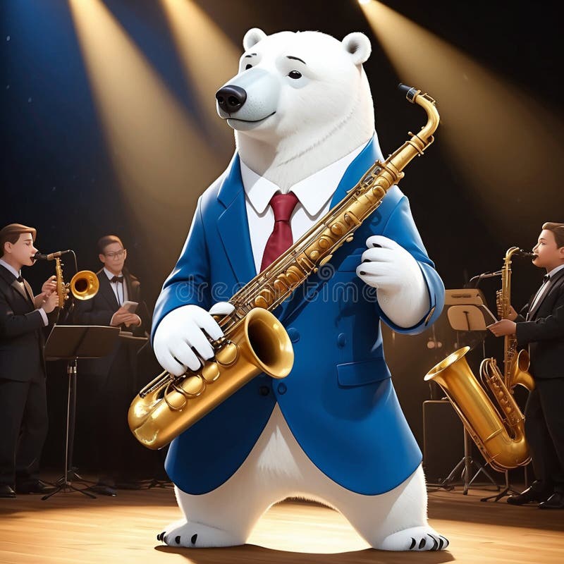 A cool anthropomorphic polar bear playing saxophone. stock illustration.