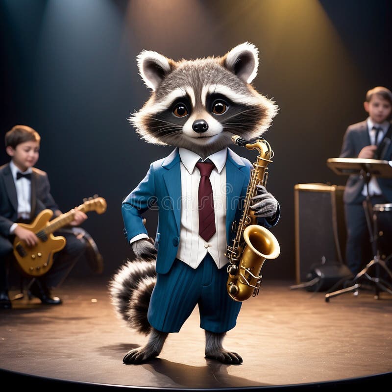A cool anthropomorphic raccoon playing saxophone. vector illustration.